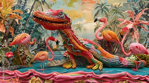 Wallpaper Mural A knitted reptile standing on a rosy flamingos on a riverside Torontodigital.ca