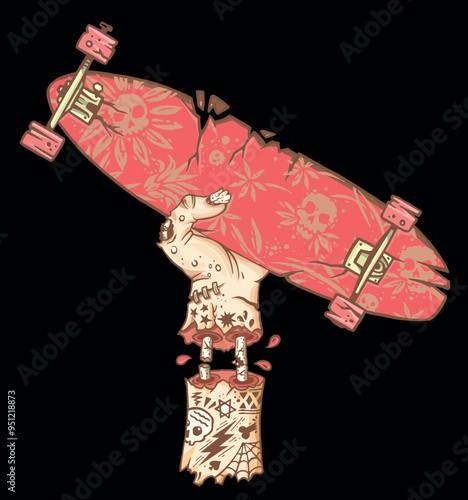 Colorful vector illustration, made by hand, with stripped strokes, in cartoon style of zombie hand holding a skateboard. Art for print on t-shirts, posters and etc ...