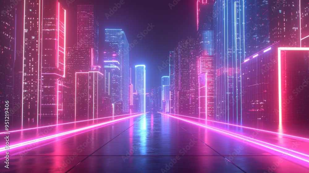 Illuminated Urban Skyline: Abstract Glowing Neon Cityscape at Night - Modern and Energetic Glowtime Illuminated Urban Skyline: Abstract Glowing Neon Cityscape at Night - Modern and Energetic Glowtime