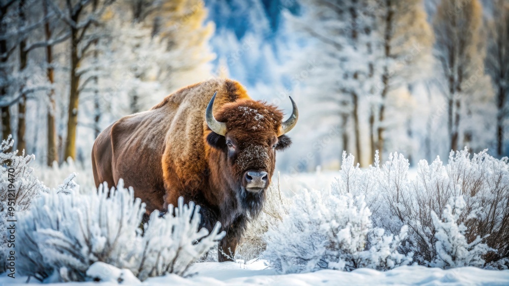 Bison in snowy field surrounded by trees, snow-covered grass and branches in the foreground, Bison, snowy, field, trees, snowfall Bison in snowy field surrounded by trees, snow-covered grass and branches in the foreground, Bison, snowy, field, trees, snowfall