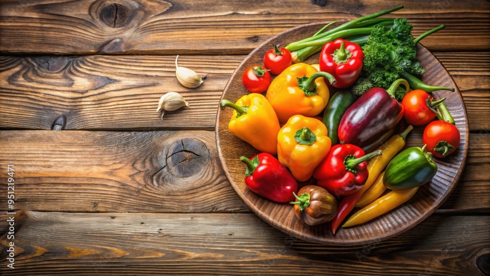 Close-up of a wood table with plate of peppers and assorted vegetables, wood table, plate, peppers, vegetables, healthy Close-up of a wood table with plate of peppers and assorted vegetables, wood table, plate, peppers, vegetables, healthy