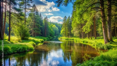 A peaceful landscape in the forest with tall trees, lush greenery, and a winding river, forest, trees, nature, landscape, tranquil