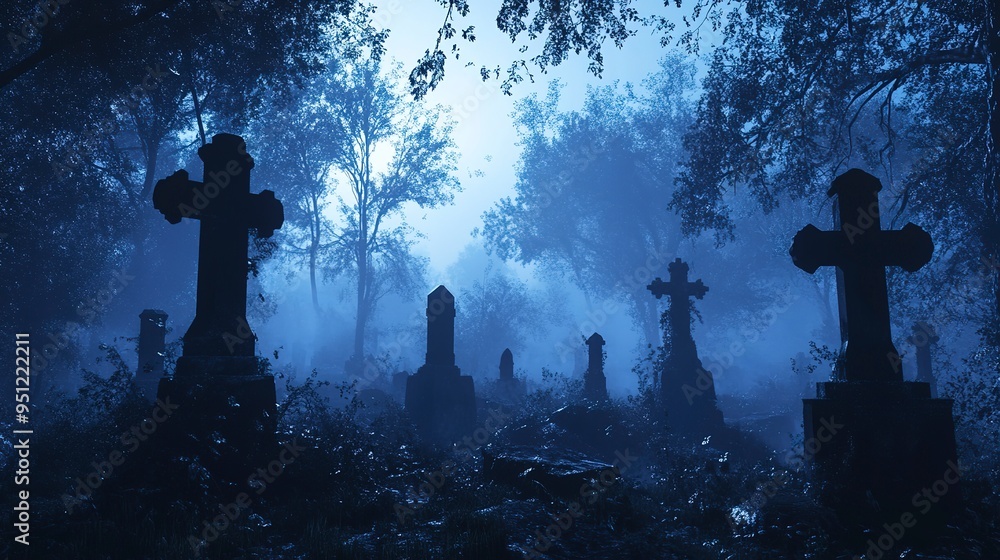 eerie halloween graveyard with tombstones at night misty forest background eerie halloween graveyard with tombstones at night misty forest background