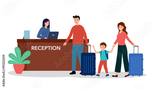 Family at front desk reception flat vector illustration. Airport terminal, hotel registration table design element. Friendly receptionist helping clients.