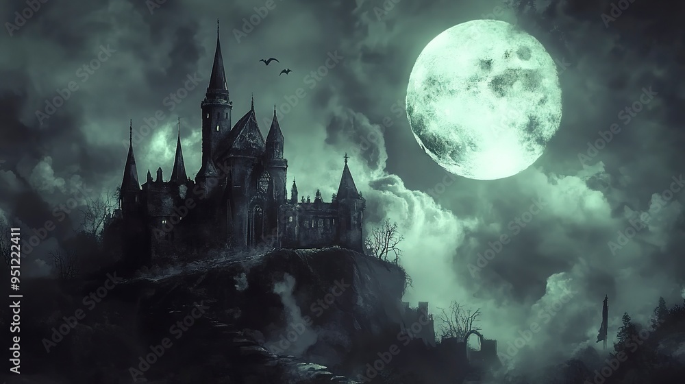Halloween background with haunted castle and full moon Halloween background with haunted castle and full moon