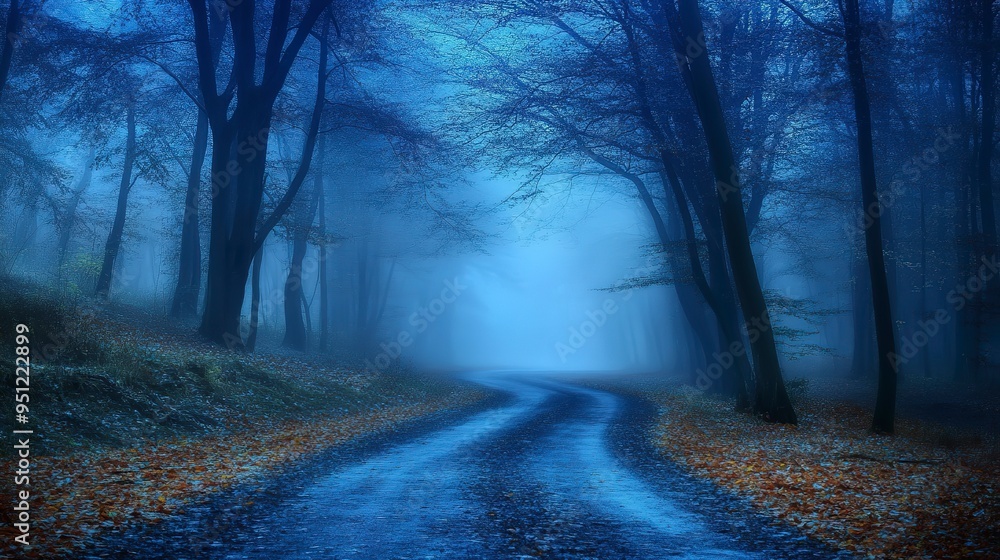 Road in mystical foggy forest in blue fog in autumn nature background Road in mystical foggy forest in blue fog in autumn nature background