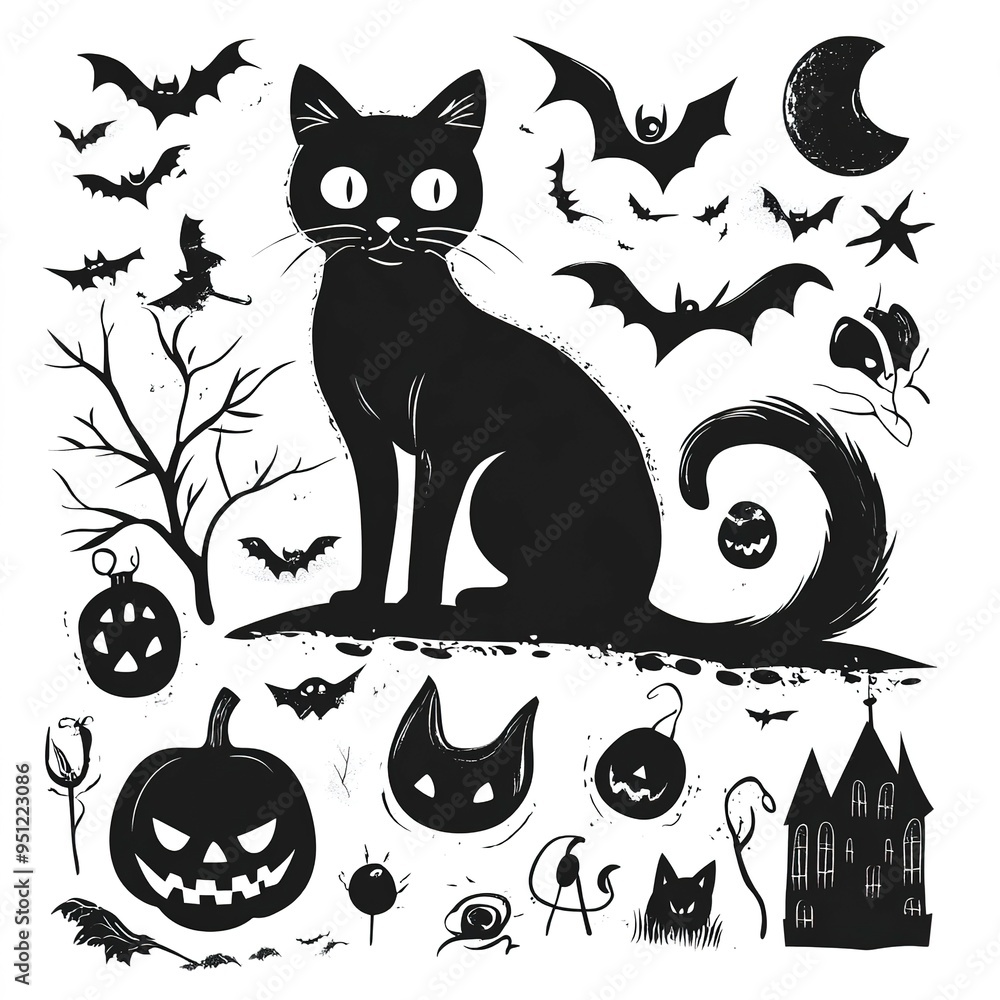 Halloween silhouettes icon and character. a Cat and spooky elements for Halloween decorations, silhouettes, sketch, icon, sticker. Halloween silhouettes icon and character. a Cat and spooky elements for Halloween decorations, silhouettes, sketch, icon, sticker.