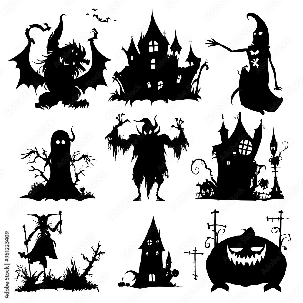 Fototapeta premium Set of halloween silhouettes black icon and character on white background