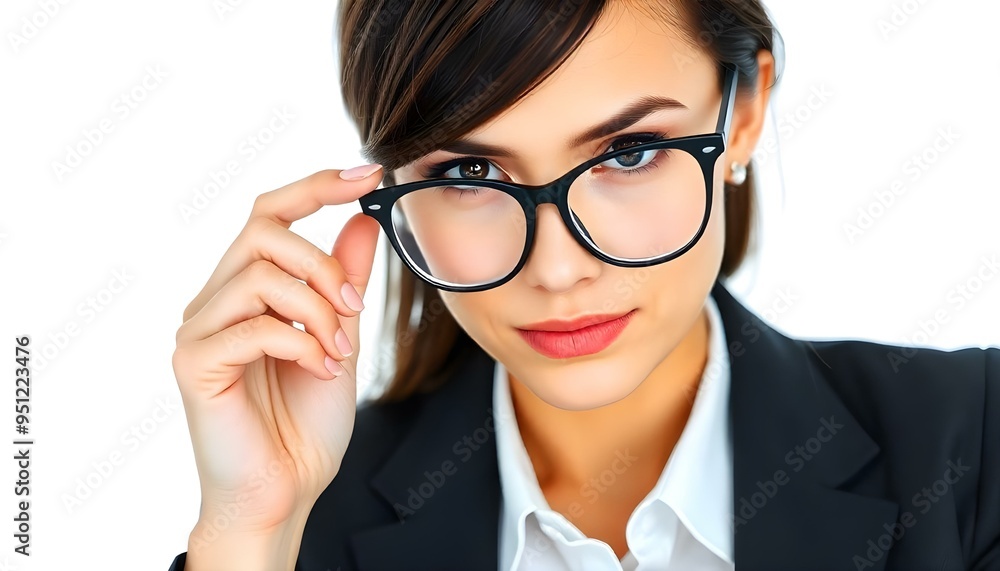 Confident Young Businesswoman Adjusting Glasses in Professional Portrait Confident Young Businesswoman Adjusting Glasses in Professional Portrait
