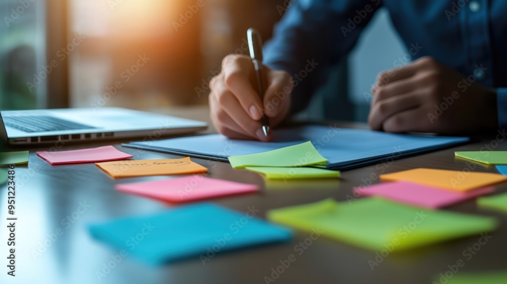 A business strategist working late at night, surrounded by notes A business strategist working late at night, surrounded by notes