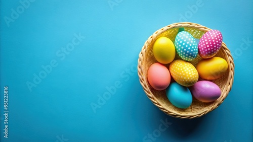 Colorful Easter eggs in a yellow basket on blue background, Easter, eggs, basket, colorful, spring, holiday photo