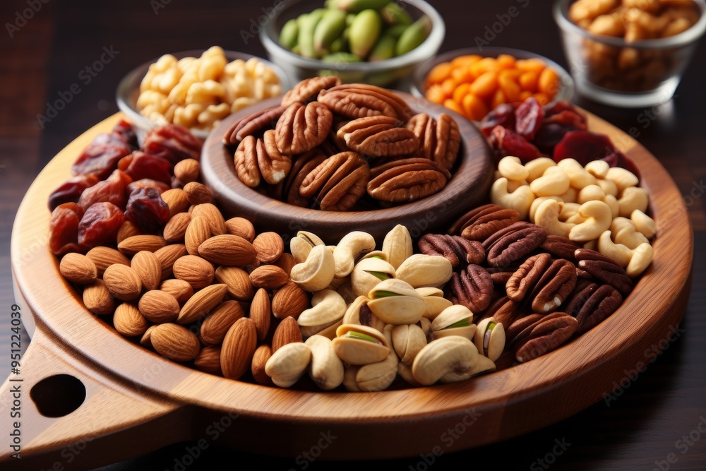 A diverse assortment of nuts and dried fruits arranged on a wooden platter, ideal for healthy snacking at home or gatherings A diverse assortment of nuts and dried fruits arranged on a wooden platter, ideal for healthy snacking at home or gatherings