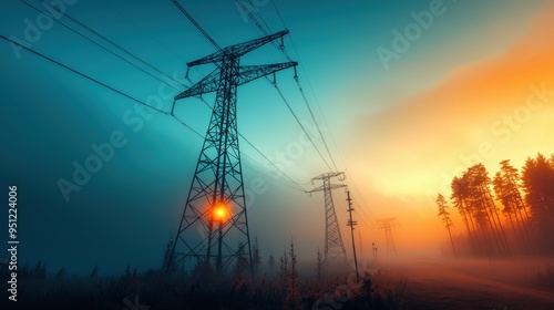 A detailed photograph capturing electricity pylons cutting through a foggy pine forest in the countryside, with the mist giving the scene a mysterious and serene atmosphere photo