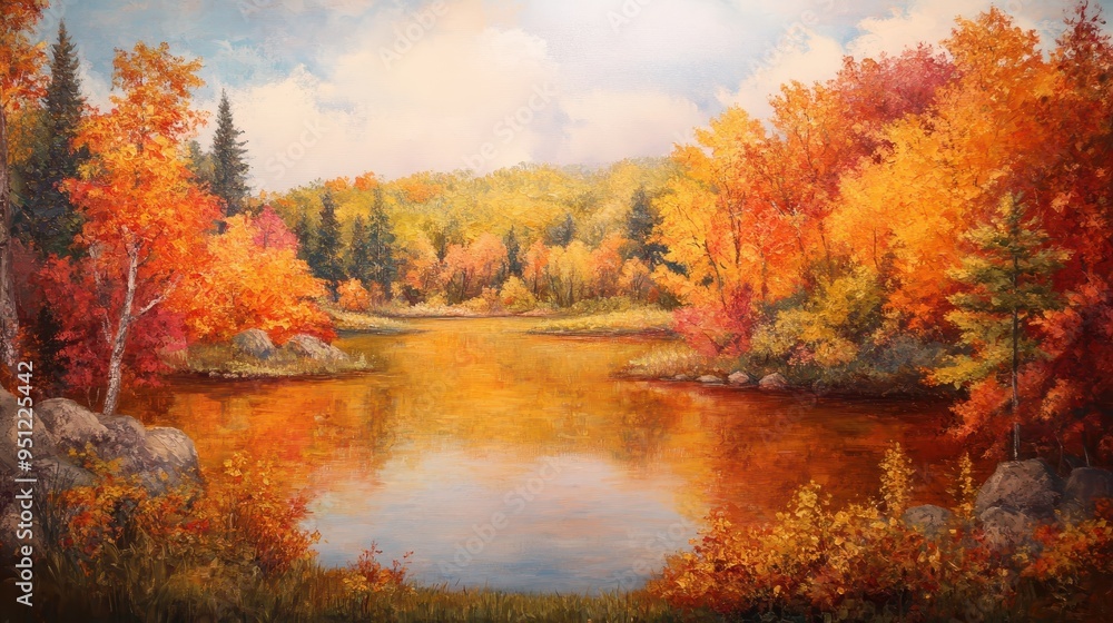 Vibrant Autumn Landscape: A Serene Lake Surrounded by Fiery Foliage Vibrant Autumn Landscape: A Serene Lake Surrounded by Fiery Foliage