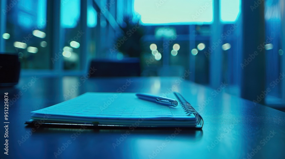 Notebook and Pen on a Desk with a Blue Tone Notebook and Pen on a Desk with a Blue Tone