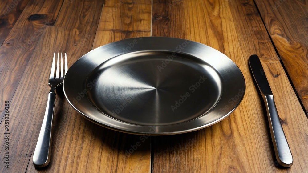empty titanium plate centered on wood table wide background empty titanium plate centered on wood table wide background