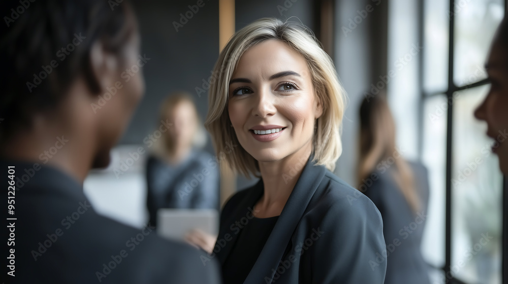 Smiling businesswoman engaging in a conversation with colleagues in office setting Smiling businesswoman engaging in a conversation with colleagues in office setting