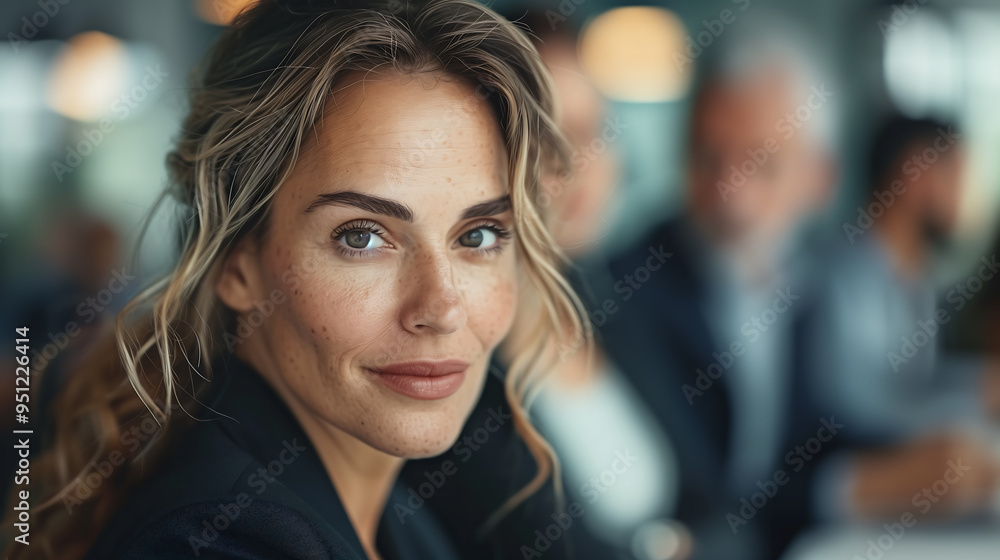 Confident businesswoman in a professional meeting with colleagues in the background Confident businesswoman in a professional meeting with colleagues in the background