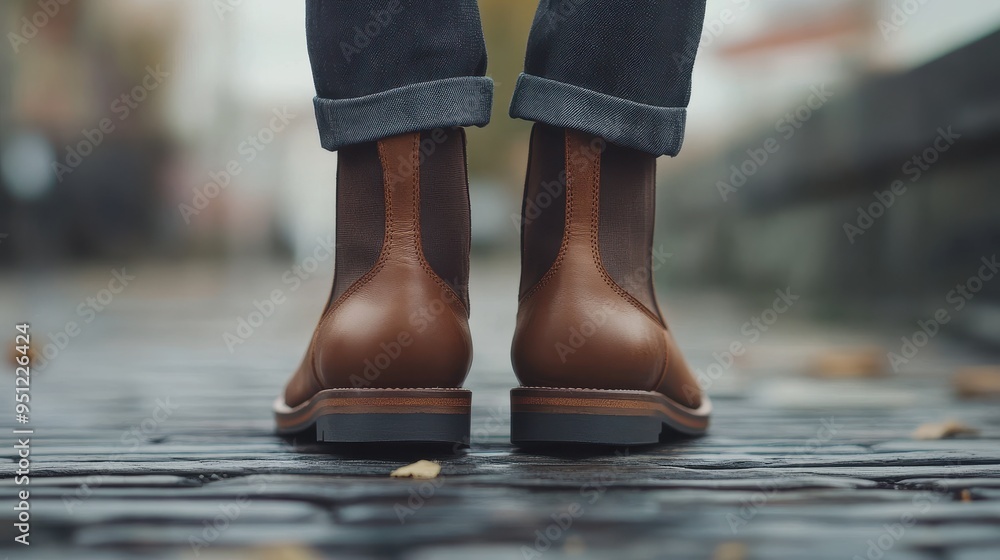 Weathered Boots Standing in Puddle on Rainy Street Weathered Boots Standing in Puddle on Rainy Street