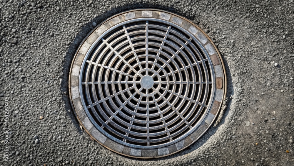 Round metal storm drain cover on asphalt, top view , infrastructure, urban, city, street, road, traffic, sewer Round metal storm drain cover on asphalt, top view , infrastructure, urban, city, street, road, traffic, sewer