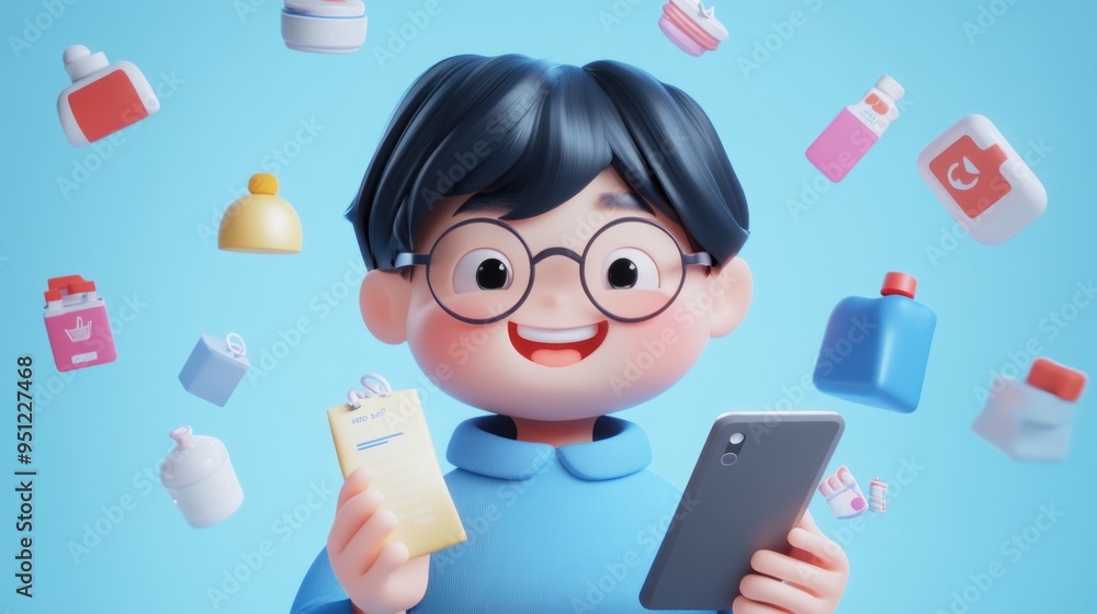 Cheerful Character Holding smartphone with Floating Shopping Icons Cheerful Character Holding smartphone with Floating Shopping Icons