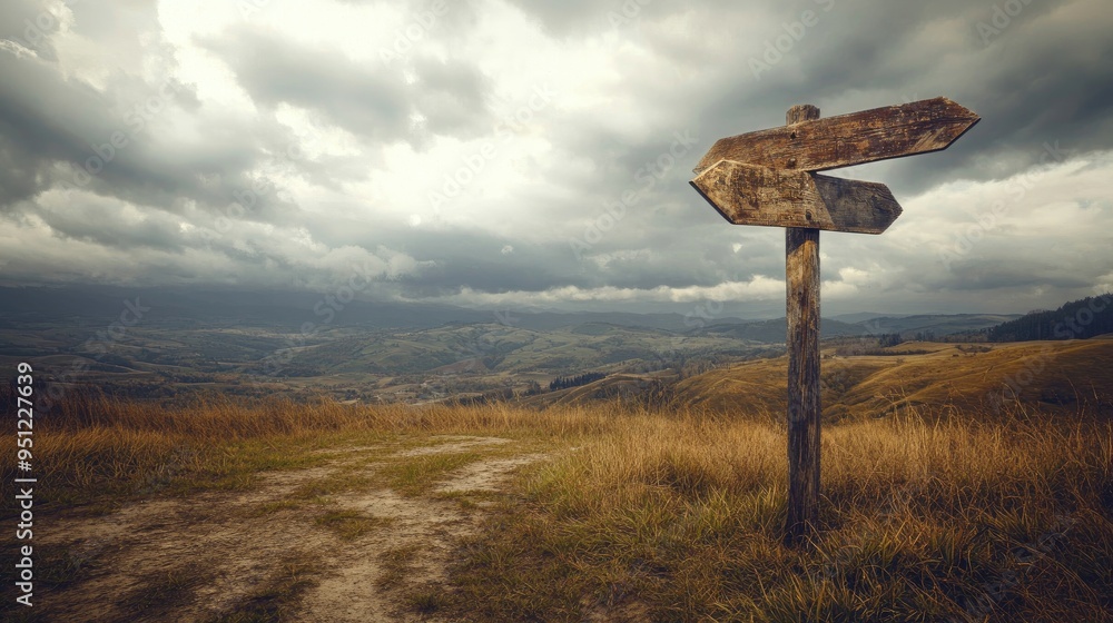 Wooden signpost standing on a hill overlooking a valley with cloudy skies. Wooden signpost standing on a hill overlooking a valley with cloudy skies.