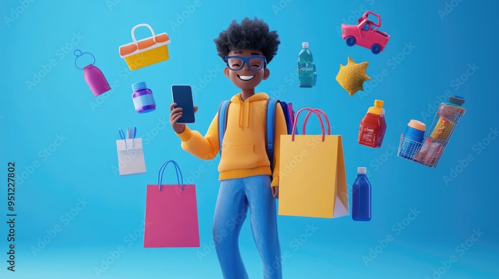 Cheerful Character Holding smartphone with  Floating Shopping Icons