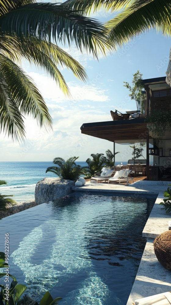 Obraz premium Luxurious Exotic Island Villa with Infinity Pool and Breathtaking Ocean Views, Showcasing a Welcoming and Sophisticated Design in Photorealistic Detail