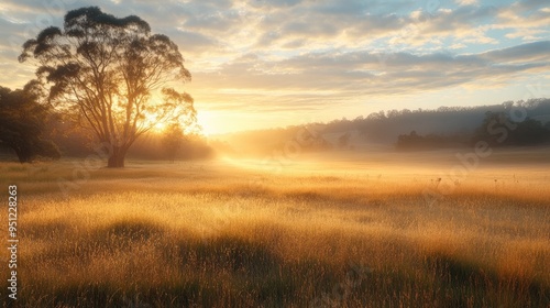 A misty field at sunset, with the last light of the day casting a golden hue over the dewy grasses and distant trees. photo