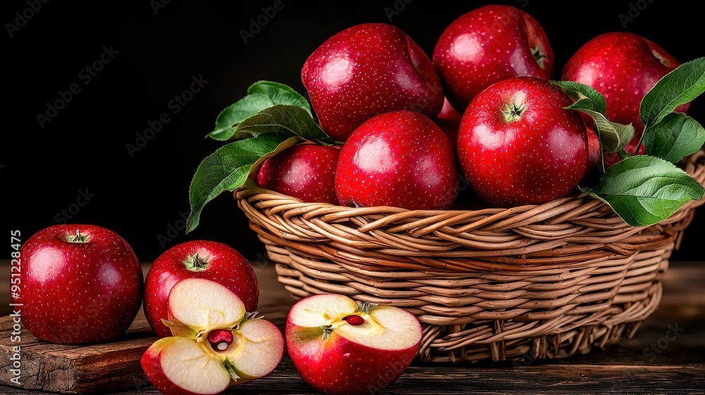 A basket filled with fresh, vibrant red apples, showcasing their juicy and crisp nature, perfect for healthy eating and culinary use. A basket filled with fresh, vibrant red apples, showcasing their juicy and crisp nature, perfect for healthy eating and culinary use.