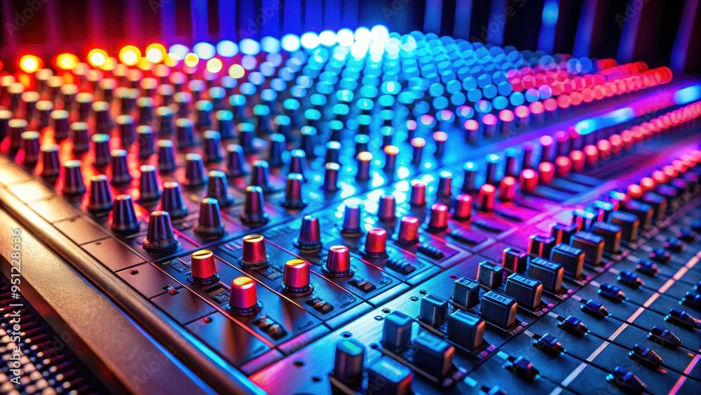Fototapeta premium Audio mixer and sound mixing console with glowing red and blue lights , technology, equipment