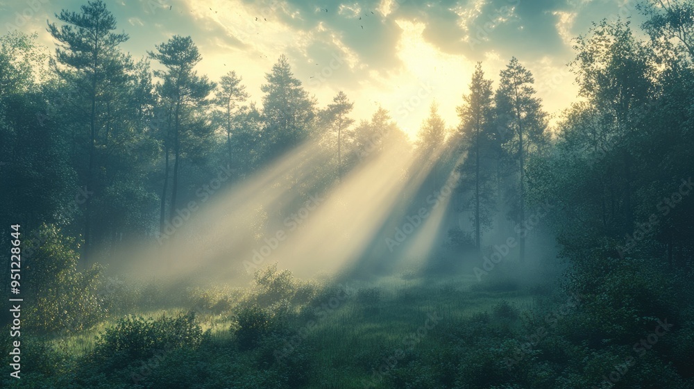 A misty forest at sunrise, with the fog beginning to lift and the light slowly illuminating the scene. A misty forest at sunrise, with the fog beginning to lift and the light slowly illuminating the scene.