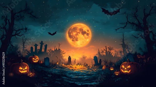 Haunted Halloween Background: A creepy Halloween scene with a full moon, pumpkins, flying bats, and a graveyard, surrounded by silhouettes of trees and grass, cartoon animation vector style.