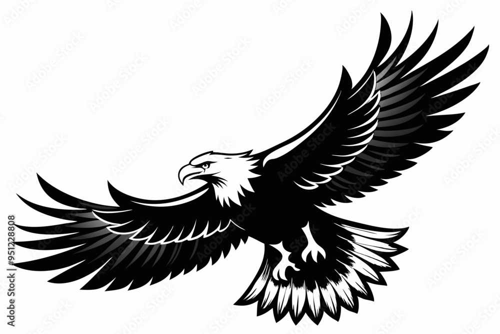 Fototapeta premium Flying Bald Eagle black and white Silhouette vector, A Bald Eagle black Silhouette Vector isolated on a white background