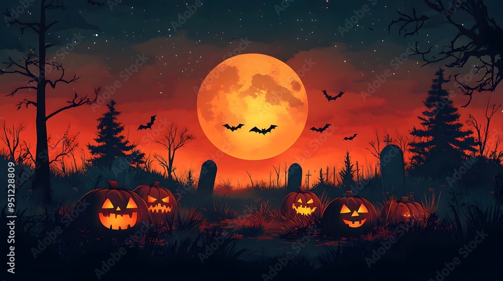 Scary Pumpkin Background: A Halloween background with scary pumpkins, a graveyard, and flying bats under a full moon, surrounded by silhouettes of trees and grass, cartoon flat vector style. Scary Pumpkin Background: A Halloween background with scary pumpkins, a graveyard, and flying bats under a full moon, surrounded by silhouettes of trees and grass, cartoon flat vector style.