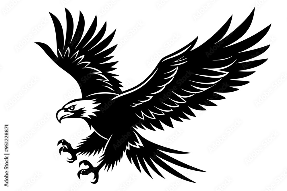 Obraz premium Flying Bald Eagle black and white Silhouette vector, A Bald Eagle black Silhouette Vector isolated on a white background