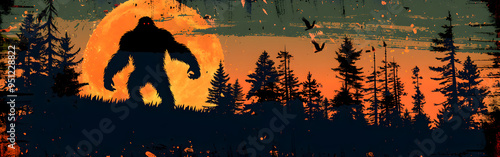 Birds flying over a forest during sunset silhouette with gorilla in background