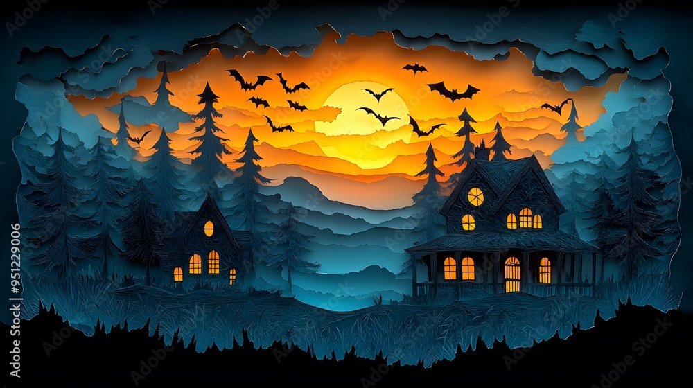 Papercut Haunted House: A Halloween scene featuring a house with bats circling overhead, designed in a detailed papercut style. Papercut Haunted House: A Halloween scene featuring a house with bats circling overhead, designed in a detailed papercut style.