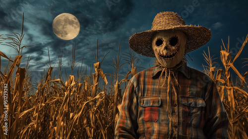 A man dressed as a scarecrow, with a straw hat, patchwork clothing, and a stitched smile on his face, standing in a field of tall cornstalks under a harvest moon. photo