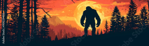 Sunset and silhouettes of trees in the mountains gorilla with full moon in background