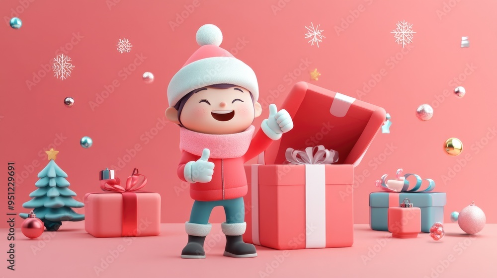 Smiling Character Standing Next to Open Package with Thumbs-Up Smiling Character Standing Next to Open Package with Thumbs-Up