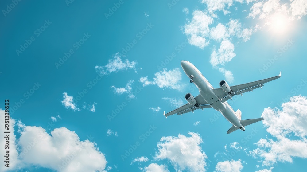 A modern airplane in flight against a clear blue sky, with fluffy clouds adding depth to the scene. Plenty of copy space for airline promotions or travel messages. A modern airplane in flight against a clear blue sky, with fluffy clouds adding depth to the scene. Plenty of copy space for airline promotions or travel messages.