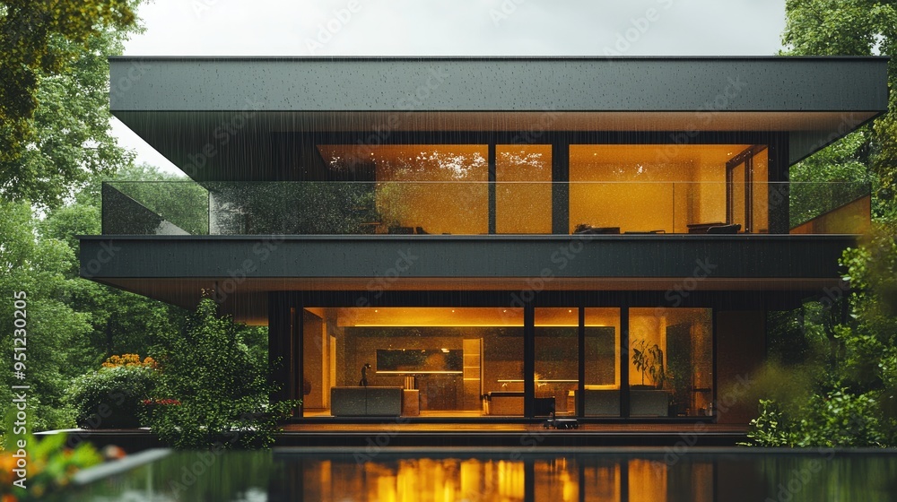 A modern home with large windows and raindrops trickling down, showcasing a sleek and stylish design against a rainy backdrop with space for text. A modern home with large windows and raindrops trickling down, showcasing a sleek and stylish design against a rainy backdrop with space for text.