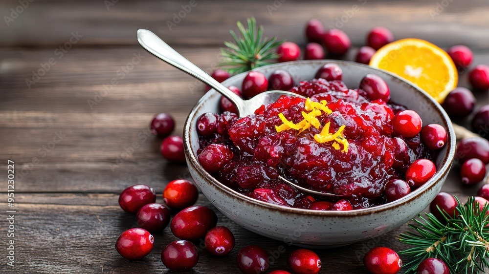 A vibrant bowl of homemade cranberry sauce, garnished with orange zest, set against a rustic wooden backdrop. A vibrant bowl of homemade cranberry sauce, garnished with orange zest, set against a rustic wooden backdrop.