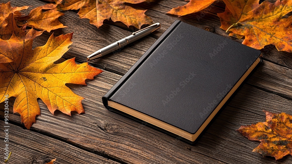 Obraz premium An elegant black notebook lies on a rustic wooden surface, surrounded by vibrant autumn leaves and a silver pen.