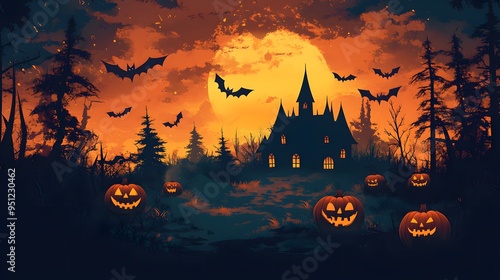 Animated Halloween Background: A vector flat illustration of a haunted house with pumpkins and flying bats in a playful Halloween setting.