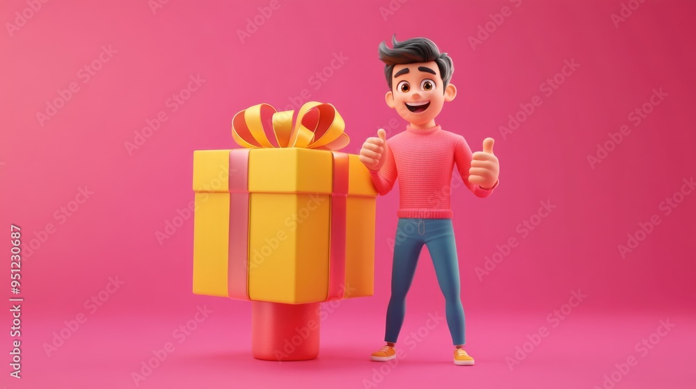 Smiling Character Standing Next to Open Package with Thumbs-Up Smiling Character Standing Next to Open Package with Thumbs-Up