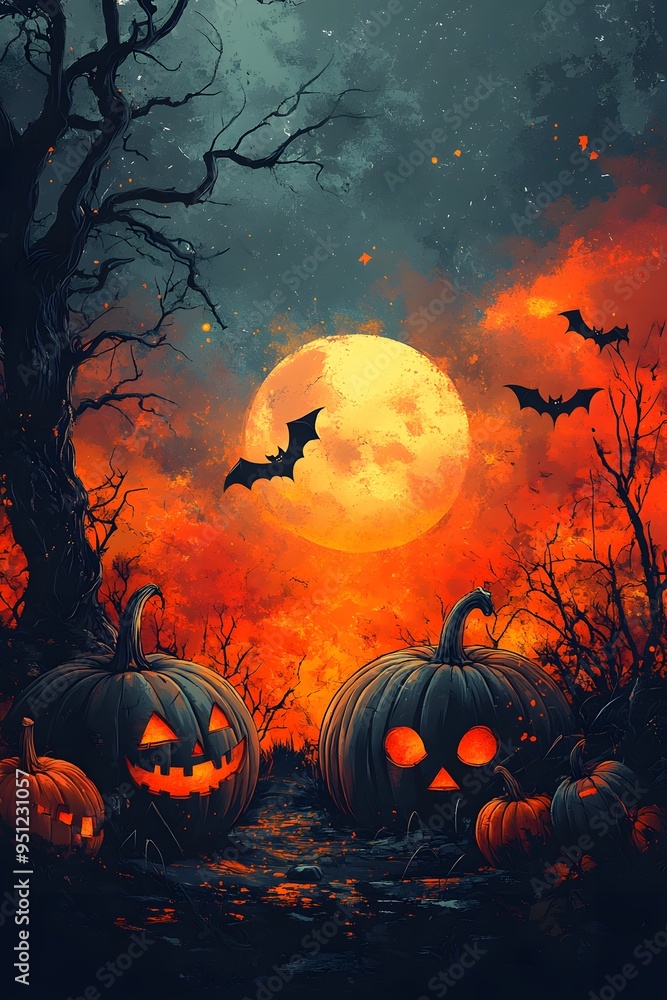 Friendly Halloween Background: A playful scene with cartoon-style pumpkins, bats, and a spooky tree in a vector flat design. Friendly Halloween Background: A playful scene with cartoon-style pumpkins, bats, and a spooky tree in a vector flat design.