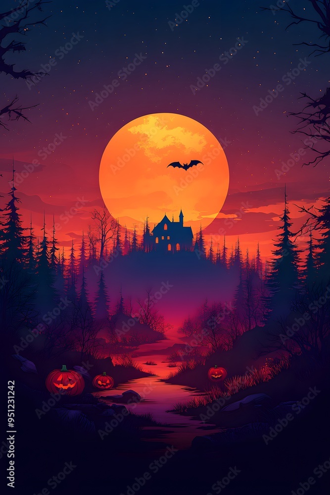 Cartoon Haunted Night: A flat vector scene with a haunted house, pumpkins, and bats flying through a dark Halloween landscape. Cartoon Haunted Night: A flat vector scene with a haunted house, pumpkins, and bats flying through a dark Halloween landscape.