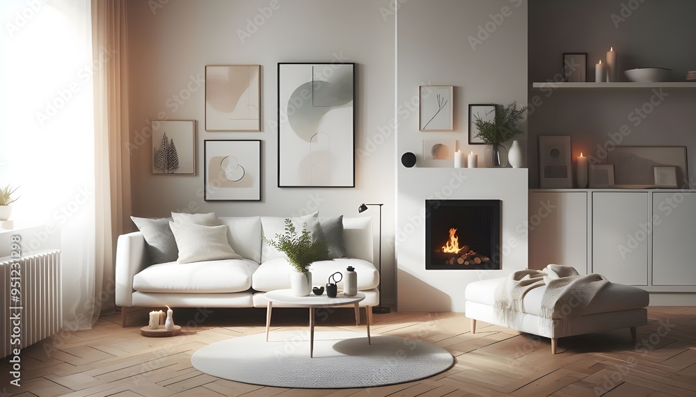 White corner sofa near fireplace. Scandinavian home interior design of modern living room White corner sofa near fireplace. Scandinavian home interior design of modern living room